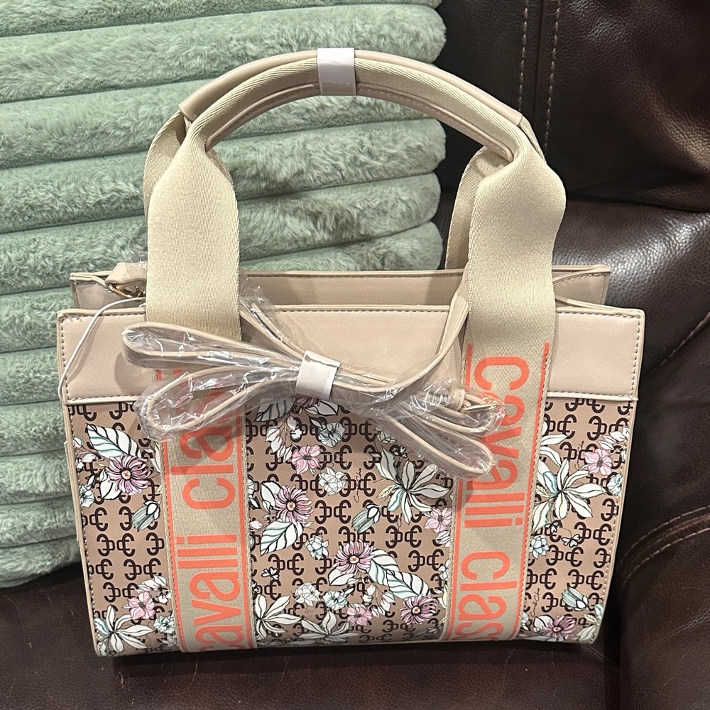 Cavalli Class Beige and Pink Floral Tote Serafina Large Top Handle Tote